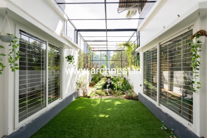 The courtyard filled with greenery,water,natural light and birds